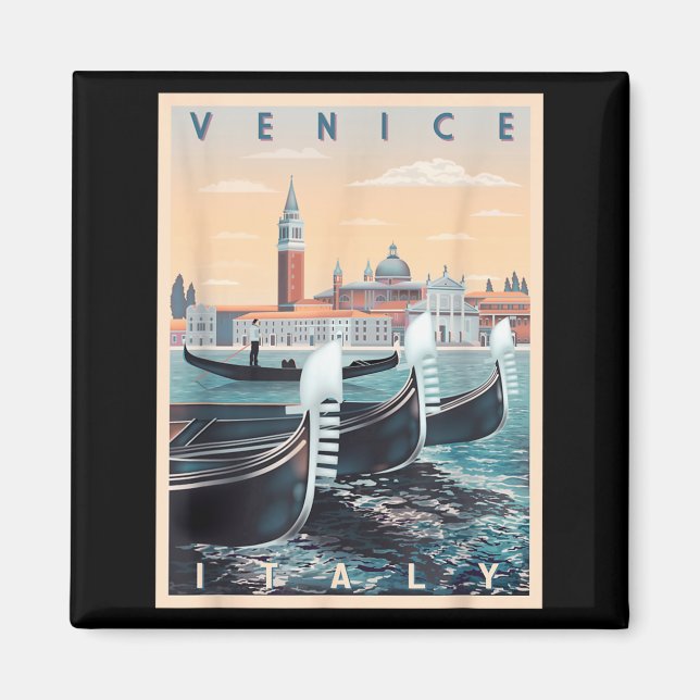 Retro gondolbåtar med Vy över Venedig Italien Magnet (Framsidan)