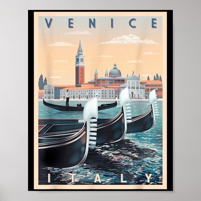 Retro gondolbåtar med Vy över Venedig Italien Poster (Framsidan)