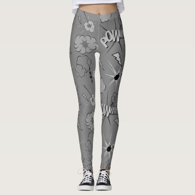 Retro Grå Serietidningsmönster Leggings (Framsida)