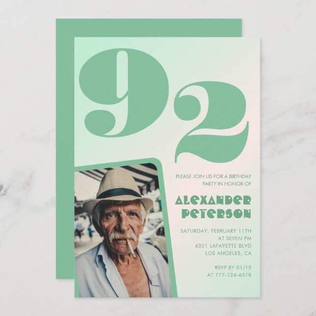 Retro Gradient för honom Foto 92 år Inbjudningar (Fram/baksida)