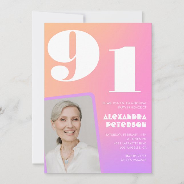 Retro Gradient Rosa 91-årsdag Inbjudningar (Framsida)