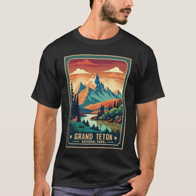 Retro Grand Teton Hike Sunset T-Shirt (Framsida)