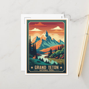 Retro Grand Teton Hike Sunset T-Shirt Helg Vykort
