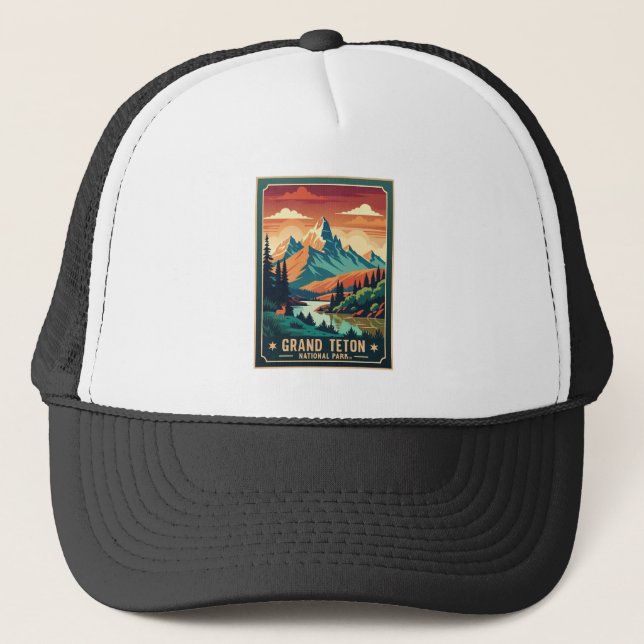 Retro Grand Teton Hike Sunset T-Shirt Keps (Framsida)