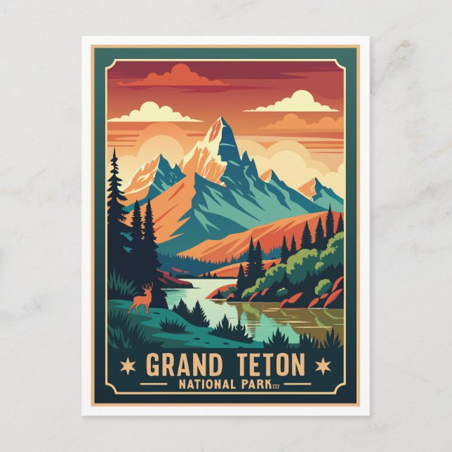 Retro Grand Teton Hike Sunset T-Shirt Vykort (Framsida)
