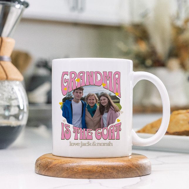Retro Grandma är Goat Photo Mugg (Retro GOAT mug for greatest grandma of all time with photo and grandkids names)
