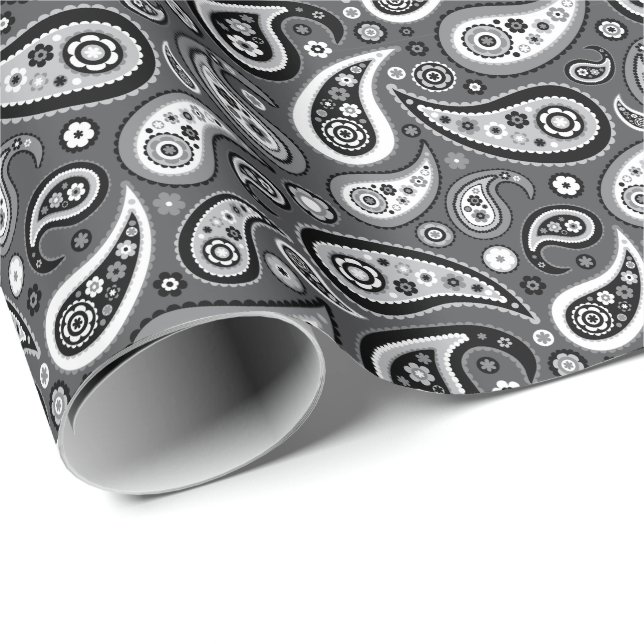Retro grått och svart Paisley mönster Presentpapper (Rullad Hörn)