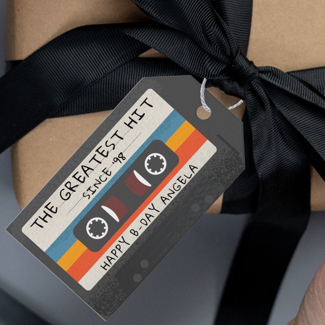 Retro Greatest Hit-kassett Födelsedagsfest Presentetikett (vintage retro cassette tape birthday party gift tag)