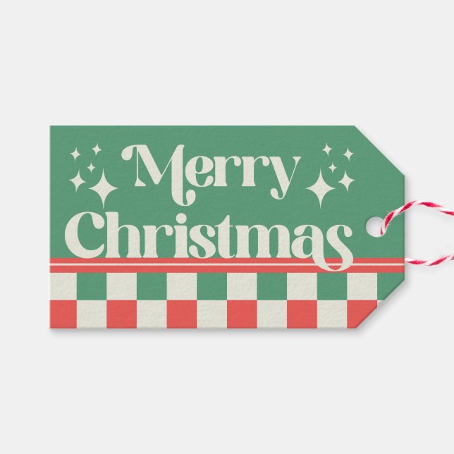 Retro Green and Pink Christmas Check Presentetikett (Framsidan (Horizontal))