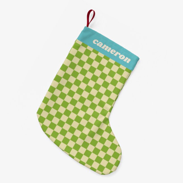 Retro Green Blue Checkerboard Personalized Name Liten Julstrumpa (Framsidan (Hängande))