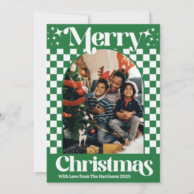Retro Green Checkerboard Christmas Flat Card Julkort (Framsida)
