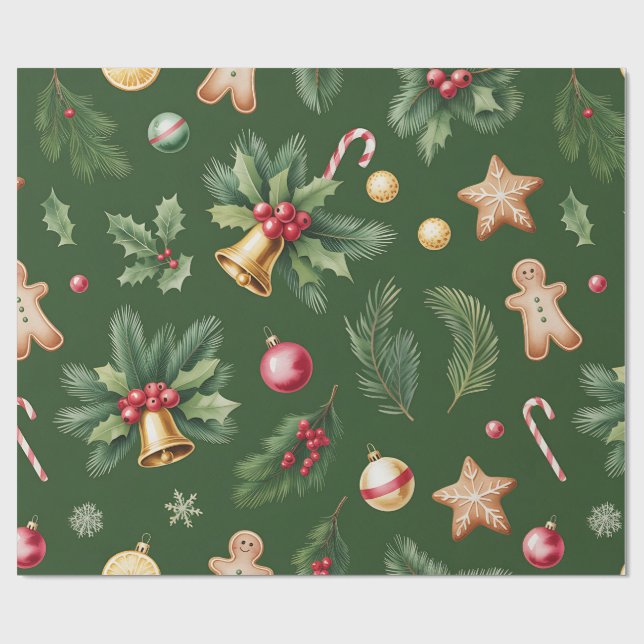 Retro Green Christmas Wrapping Pape Presentpapper (Platt)