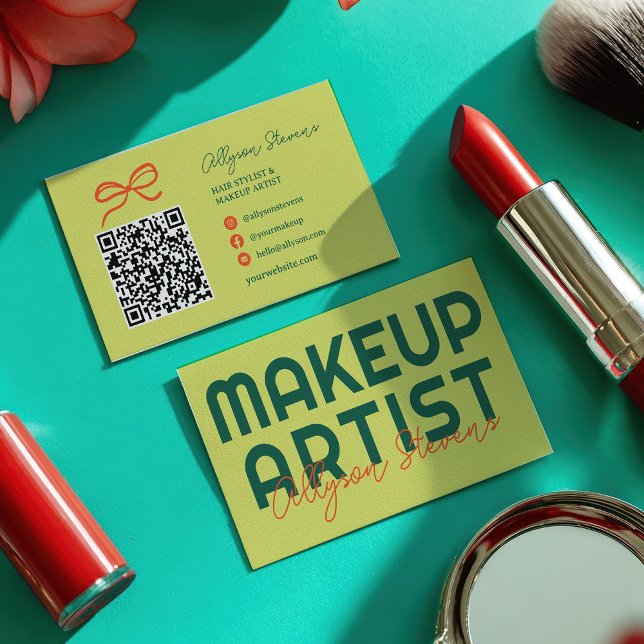 Retro Green Citrus Makeup Artist QR Code Visitkort (Retro Green Citrus Makeup Artist QR Code Business Card)