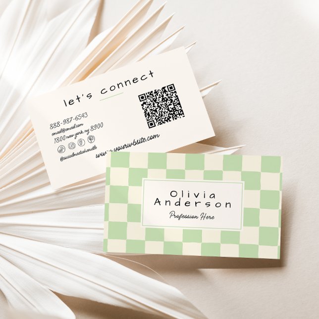 Retro Green Cream Wavy Checkered Boho QR Code Visitkort (Skapare uppladdad)