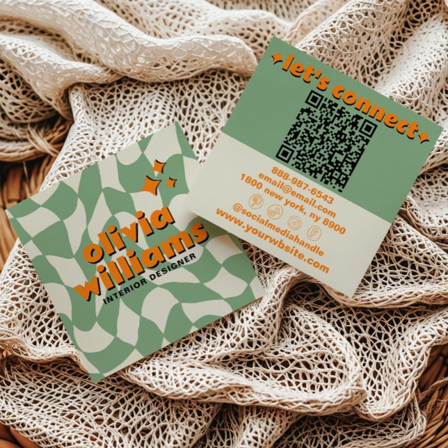 Retro Green Orange QR Code Groovy Checkered Boho Fyrkantigt Visitkort (Skapare uppladdad)