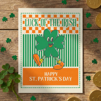 Retro Green Orange Walking Shamrock St Patrick Vykort