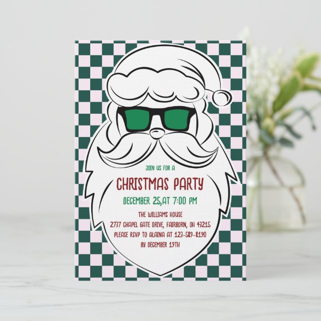 Retro Green Pink Checkered Santa Claus Christmas  Inbjudningar (Stående Fram)