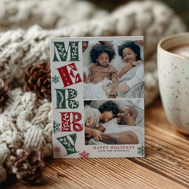 Retro Green Red Merry 2-Photo Christmas Julkort (Retro Green Red Merry 2-Photo Christmas Holiday Card)