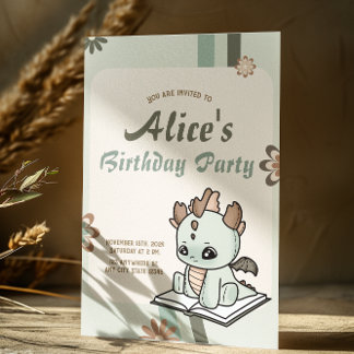 Retro Green Yellow Pastel Baby Dragon Birthday Inbjudningar