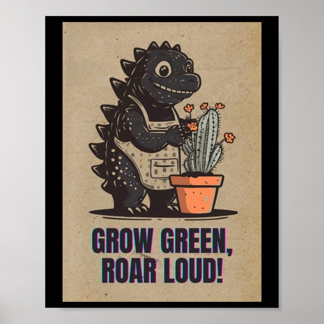 Retro Greenzilla – Cute Godzilla Gardening Sticker Poster (Framsidan)
