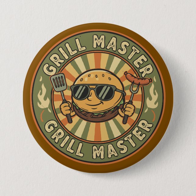 Retro Grill Master Burger Karaktär BBQ King Vinta Knapp (Framsida)