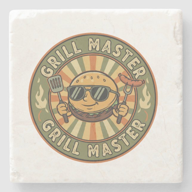 Retro Grill Master Burger Karaktär BBQ King Vinta Stenunderlägg (Framsidan)
