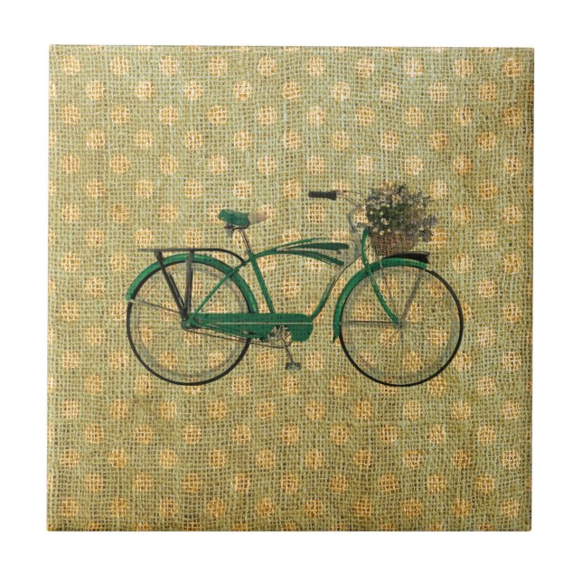 Retro grön cykel med blommabasketen kakelplatta (Framsidan)