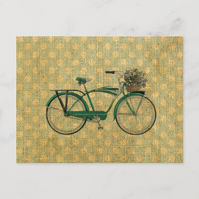 Retro grön cykel med blommabasketen vykort (Framsida)