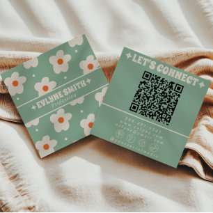 Retro grön kräm QR-kod Groovy Blommig Trendig Kul Fyrkantigt Visitkort