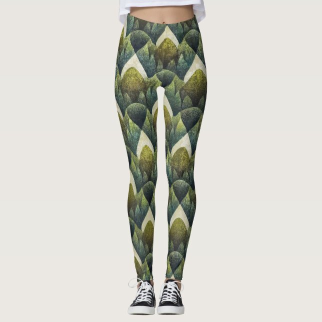 Retro grön oliv geometrisk konst mönster leggings (Framsida)