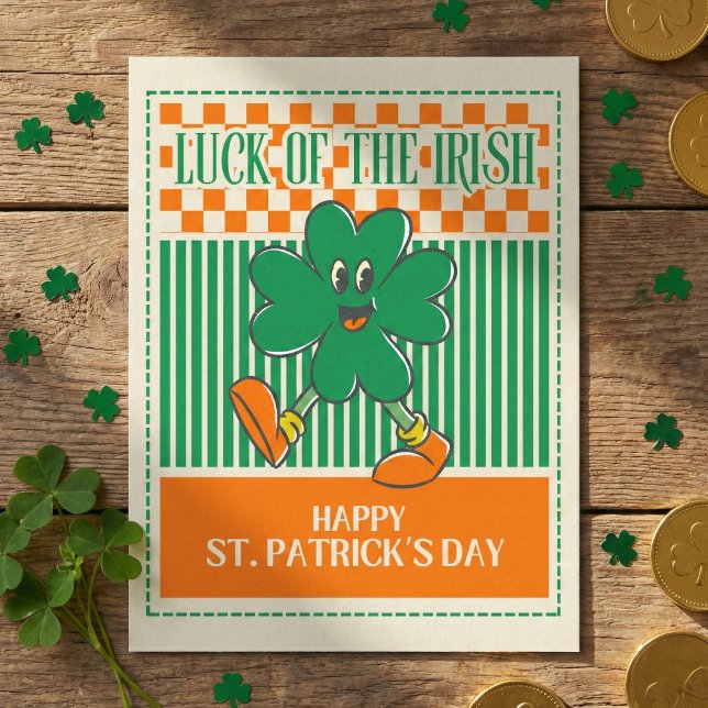 Retro grön orange gångande shamrock St Patrick Vykort (Skapare uppladdad)