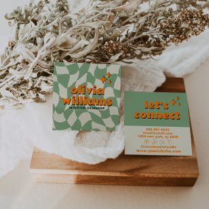 Retro Grön Orange Groovy Rutig Boho Trendig Fyrkantigt Visitkort