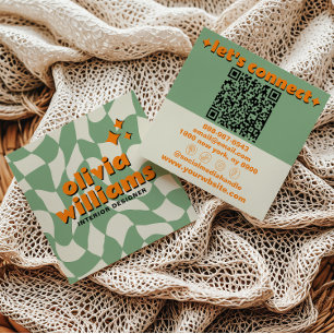 Retro Grön Orange QR-kod Groovy Rutig Boho Fyrkantigt Visitkort