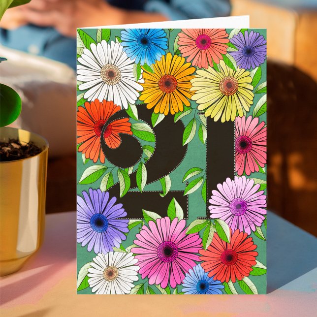 Retro grön personlig 21-årsdag Blommig Kort (Skapare uppladdad)