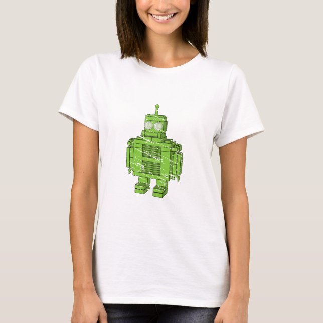 Retro grön robot med skrapor t-shirt (Framsida)