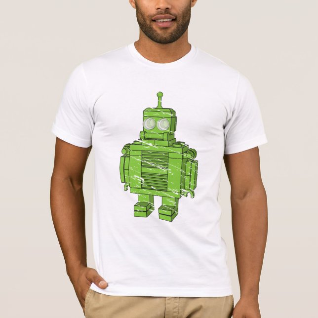 Retro grön robot med skrapor tee (Framsida)