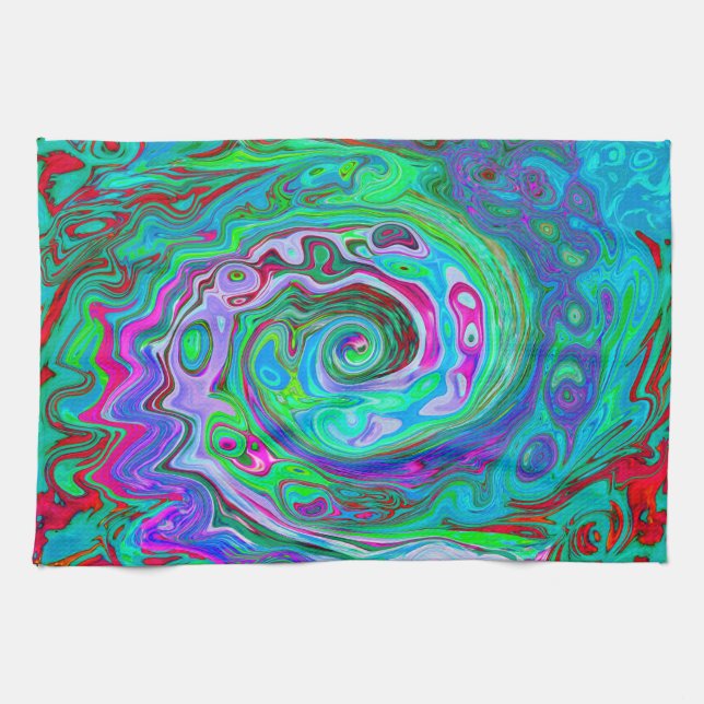 Retro grön, röd och magenta abstrakt groovy virvel kökshandduk (Horisontell)