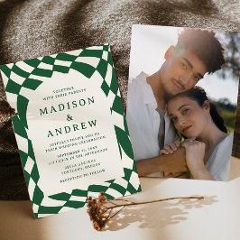 Retro grön rutig foto bröllop inbjudningar