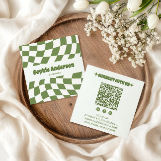 Retro grön vågig rutig mönster med QR-kod  Fyrkantigt Visitkort