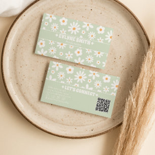 Retro Grön Vit QR-kod Groovy Blommig Unik Rolig Visitkort