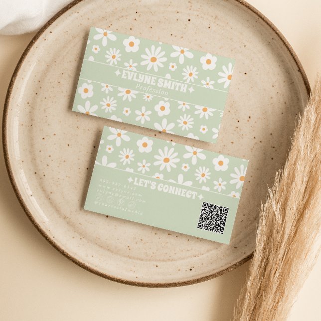 Retro Grön Vit QR-kod Groovy Blommig Unik Rolig Visitkort (Skapare uppladdad)