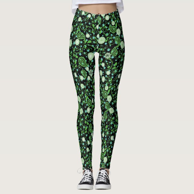Retro gröna blommande växtmönster.b leggings (Framsida)