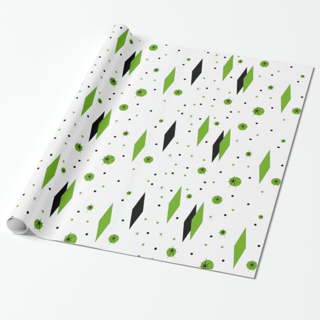 Retro gröna diamanter & Starbursts som slår in Presentpapper (Utrullad)