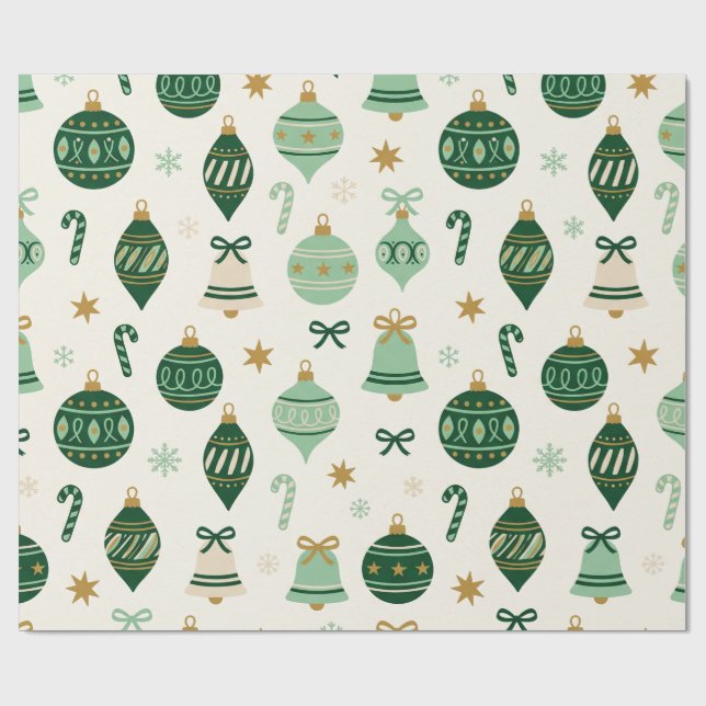 Retro gröna julgransprydnader mönster presentinsla presentpapper (Platt)