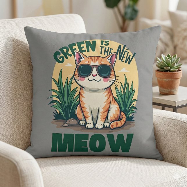 Retro "Grönt är den nya Coolan Meow" Kattart Kudde (Retro Green Is The New Meow Cool Cat Nature Art Throw Pillow Mockup A)