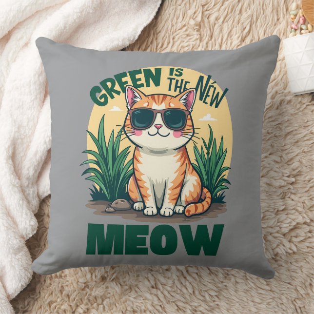 Retro "Grönt är den nya Coolan Meow" Kattart Kudde (Filt)