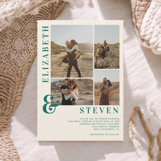 Retro grönt beige ampersand 5 fotorutnät bröllop inbjudningar (Retro green beige ampersand 5 photo grid wedding invitation)
