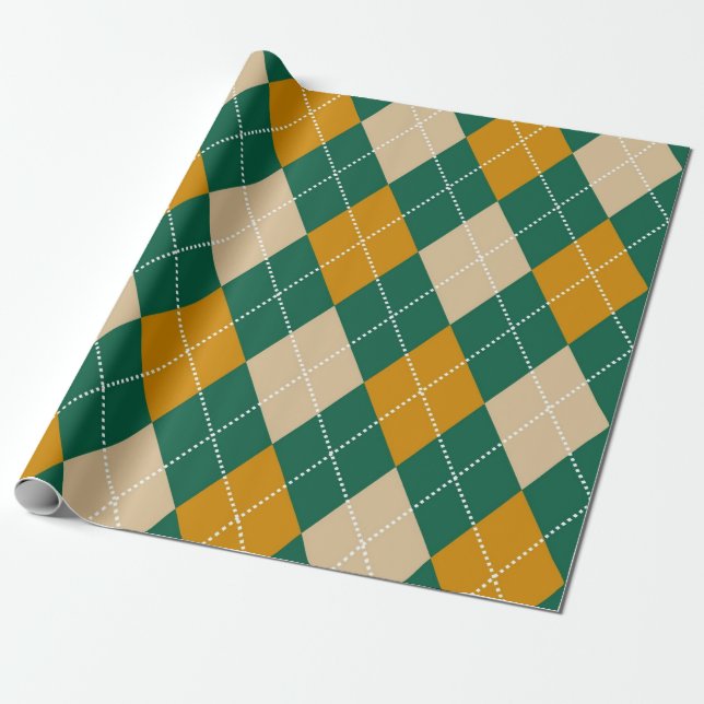 Retro Grönt Beige Mustard Argyle Mönster Presentpapper (Utrullad)