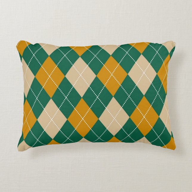 Retro Grönt Beige Mustard Argyle Mönster Prydnadskudde (Framsidan)