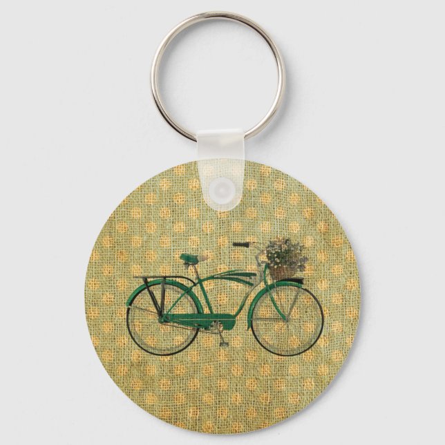 Retro Grönt Bike med Flower Basket Nyckelring (Framsida)